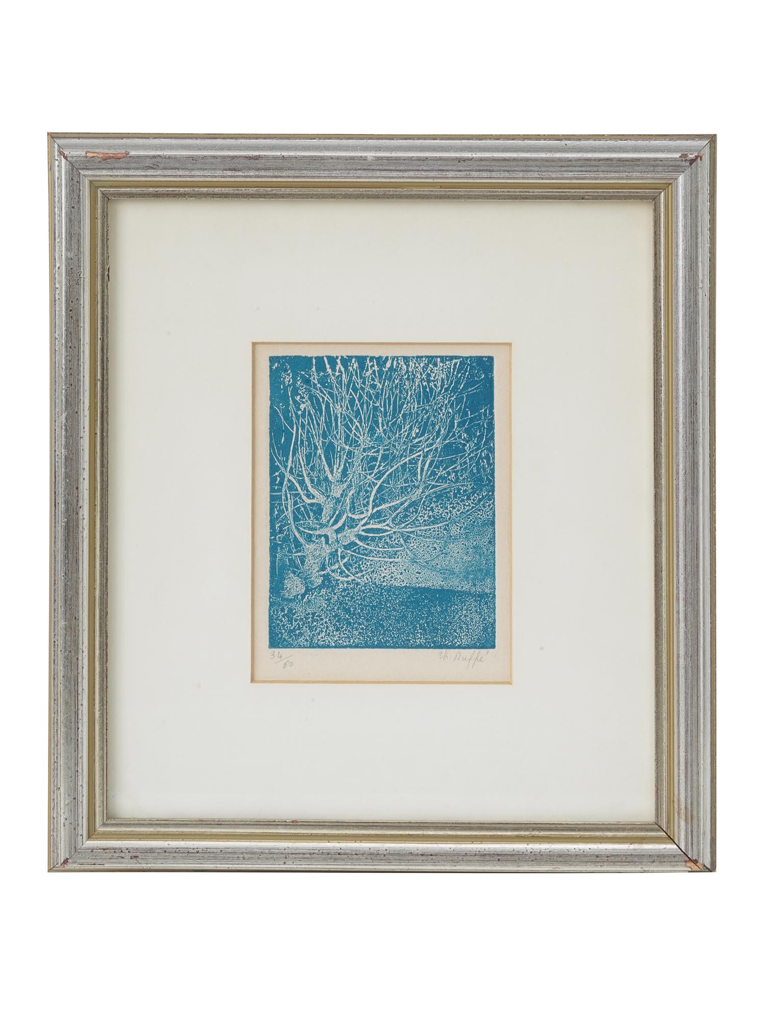 FRAMED LITHOGRAPH BLUE TREE BRANCHES SIGNED RUFFE PIC-0